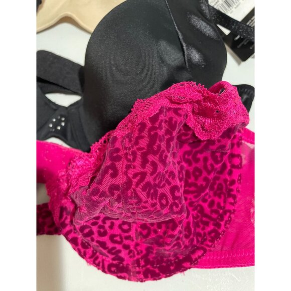 Set Of 3 Womens 34B Padded Bras Beige Black Pink Leopard Lace Adjustable Straps - Picture 2 of 8